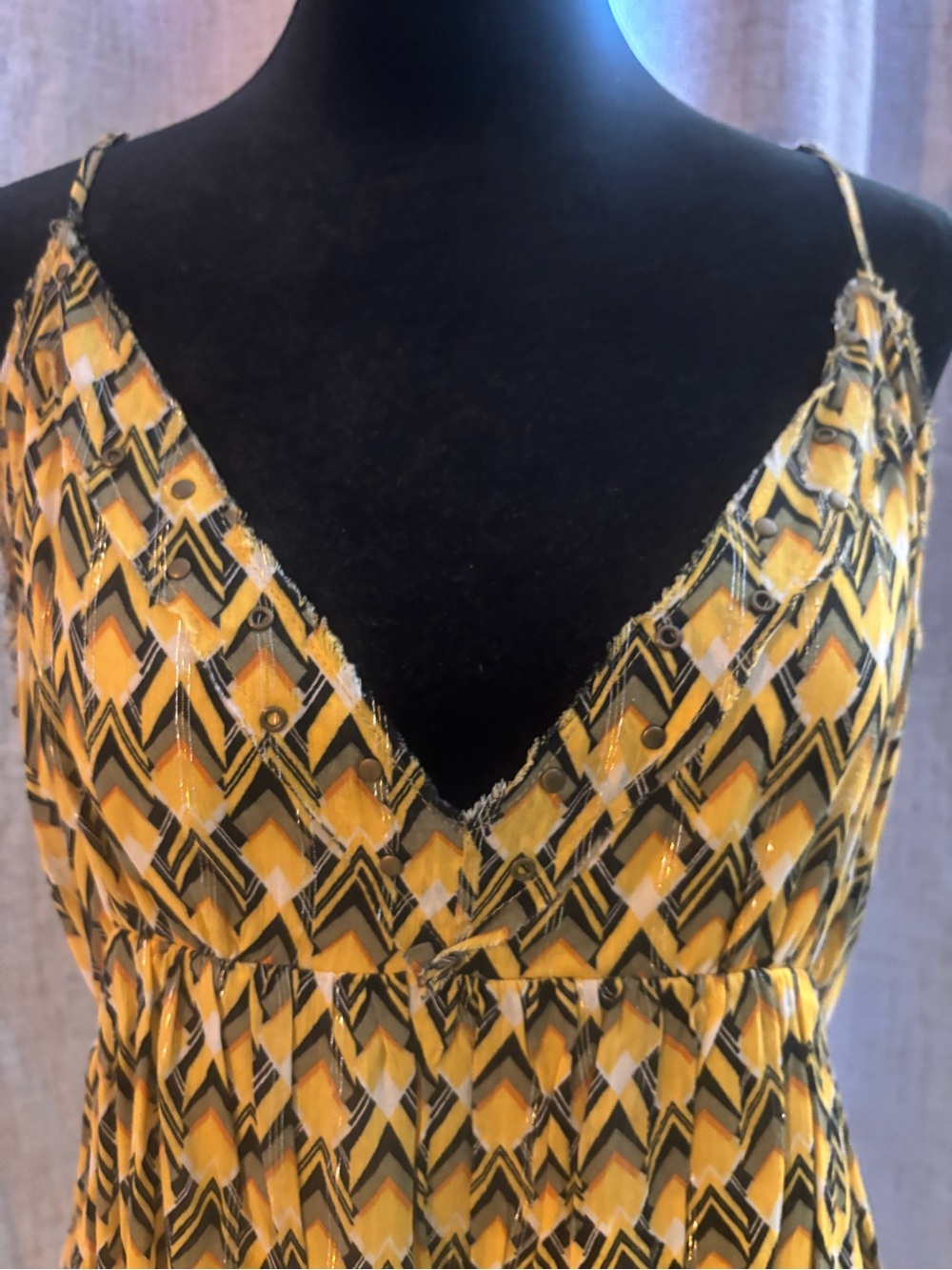 Forever 21 Yellow and Black Geometric V-Neck Spaghetti Strap Mini Dress - Picture 3 of 6